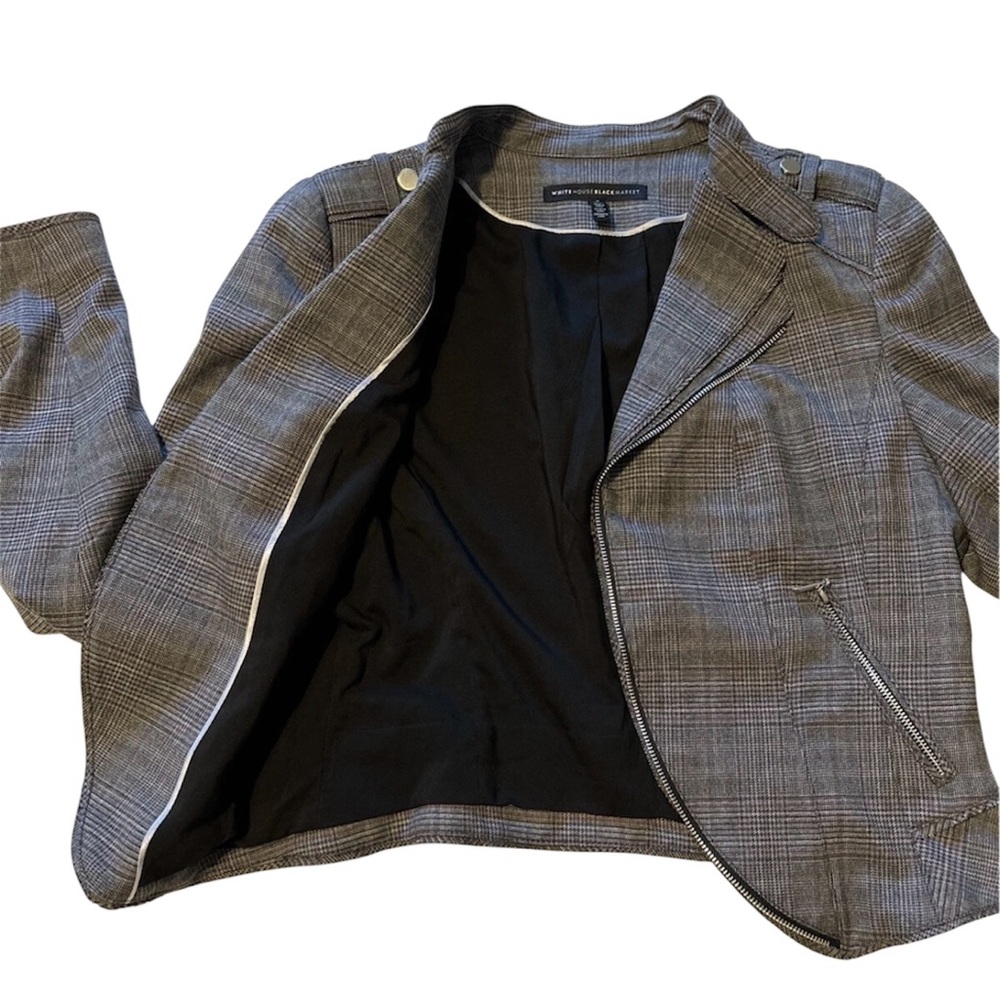 White House Black Market Moto Jacket Women Sz 8 Gray Merlot Plaid Cropped Lined - Picture 5 of 14